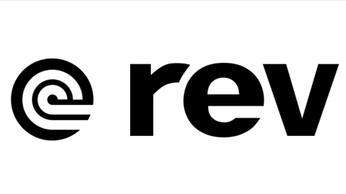 Written in black lower case is the word 'rev' a logo appears to the left of the word. It resembles a black and white spiral or swerl